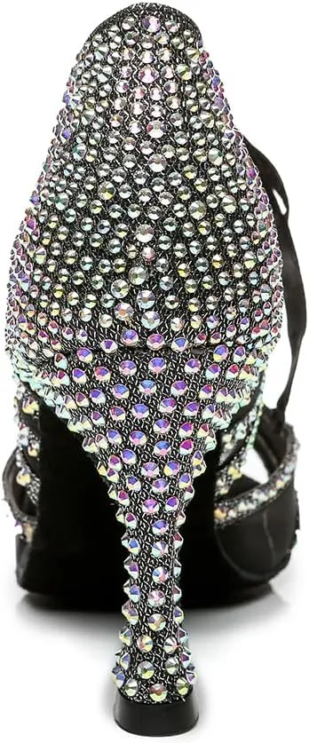 DKZSYIM Women Rhinestone Ballroom Dance Shoes Latin Salsa Perfermence Practice Dancing Shoes,Model YCL433