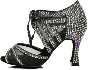 DKZSYIM Women Rhinestone Ballroom Dance Shoes Latin Salsa Perfermence Practice Dancing Shoes,Model YCL433