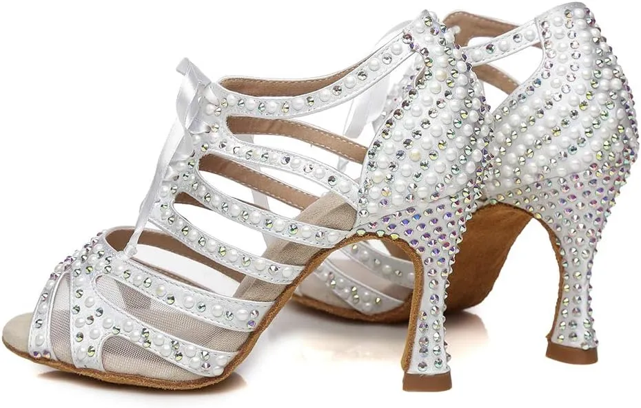 DKZSYIM Women Rhinestone Ballroom Dance Shoes Latin Salsa Perfermence Practice Dancing Shoes,Model YCL433