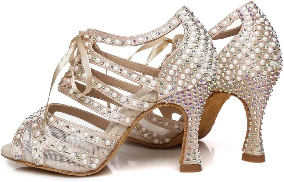 DKZSYIM Women Rhinestone Ballroom Dance Shoes Latin Salsa Perfermence Practice Dancing Shoes,Model YCL433