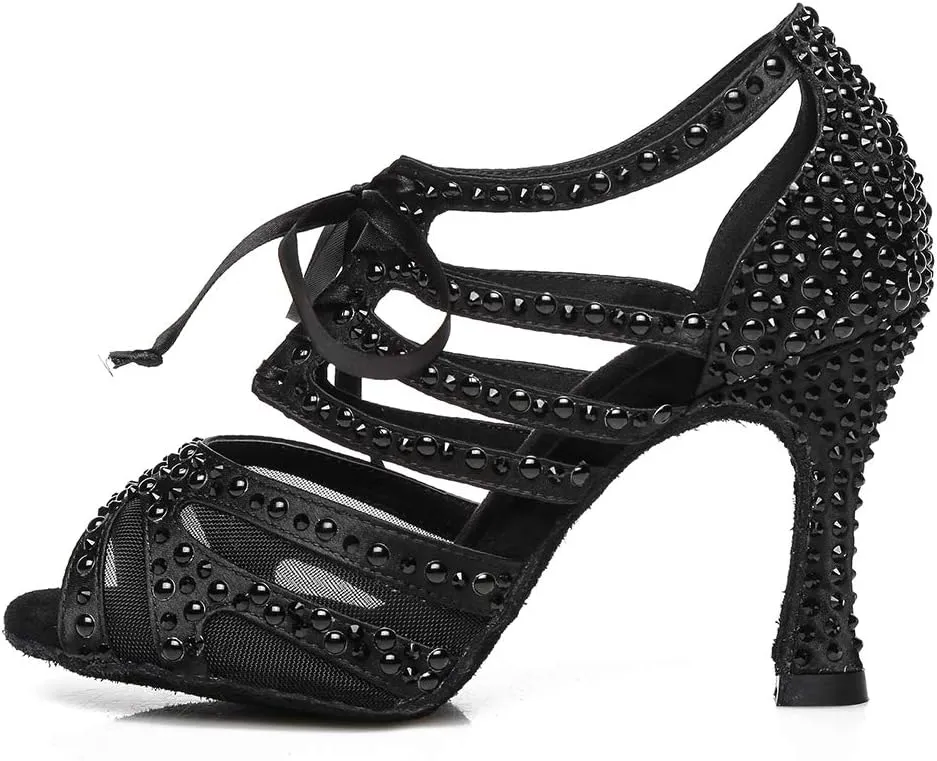 DKZSYIM Women Rhinestone Ballroom Dance Shoes Latin Salsa Perfermence Practice Dancing Shoes,Model YCL433