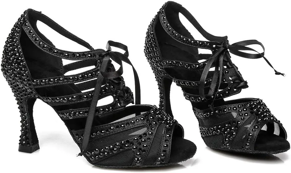 DKZSYIM Women Rhinestone Ballroom Dance Shoes Latin Salsa Perfermence Practice Dancing Shoes,Model YCL433
