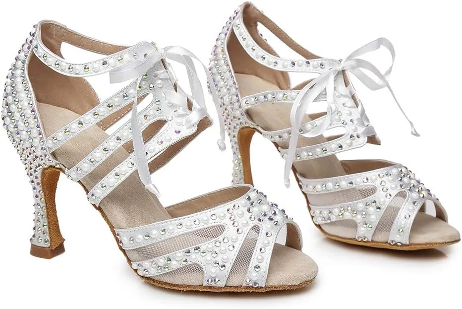 DKZSYIM Women Rhinestone Ballroom Dance Shoes Latin Salsa Perfermence Practice Dancing Shoes,Model YCL433