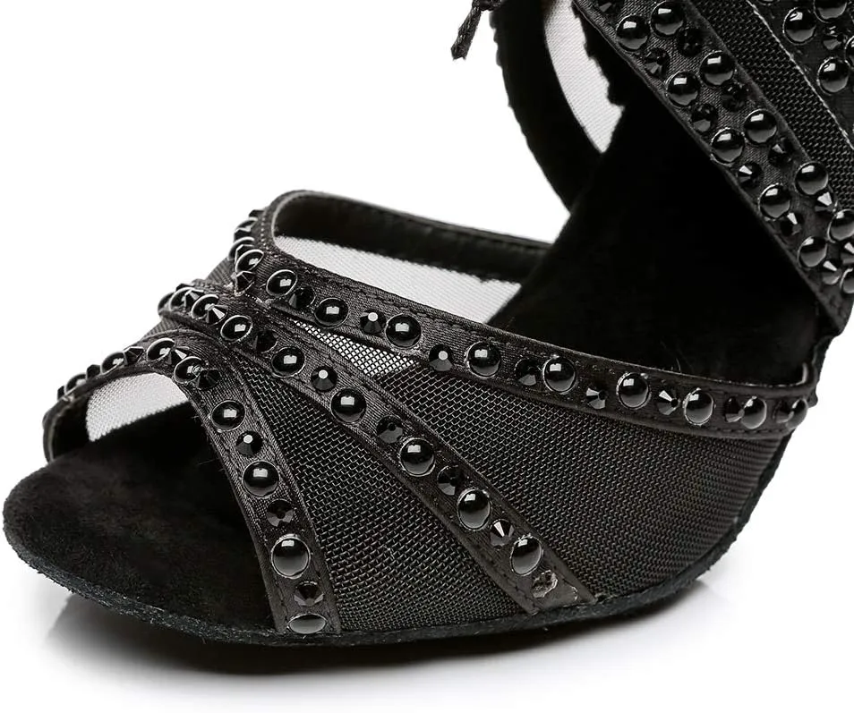 DKZSYIM Women Rhinestone Ballroom Dance Shoes Latin Salsa Perfermence Practice Dancing Shoes,Model YCL433