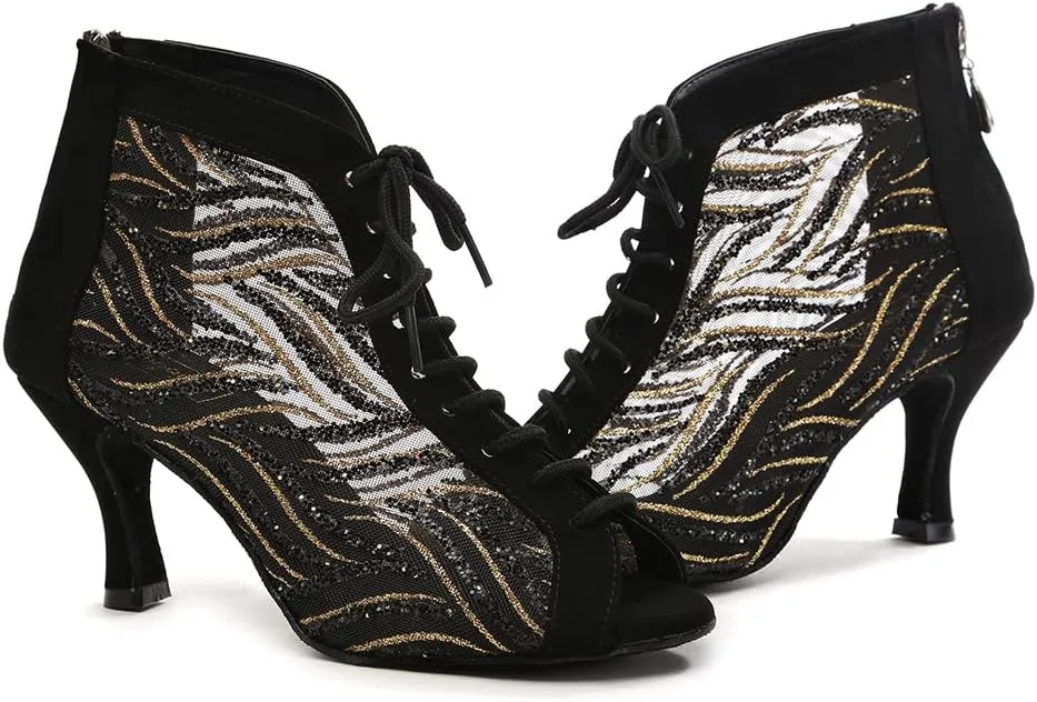 DKZSYIM Women Rhinestone Ballroom Dance Shoes Latin Salsa Perfermence Practice Dancing Shoes,Model YCL434