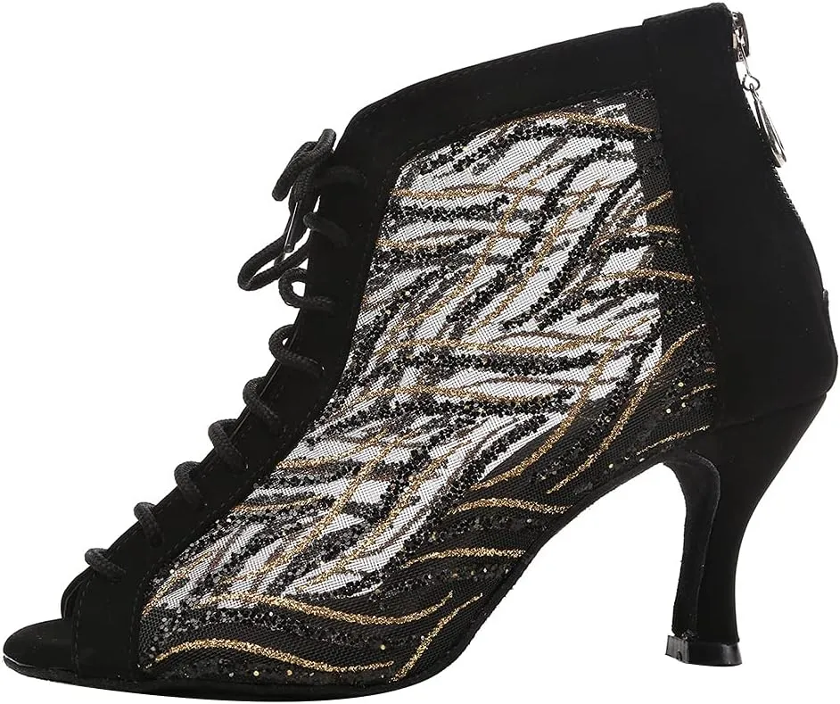 DKZSYIM Women Rhinestone Ballroom Dance Shoes Latin Salsa Perfermence Practice Dancing Shoes,Model YCL434