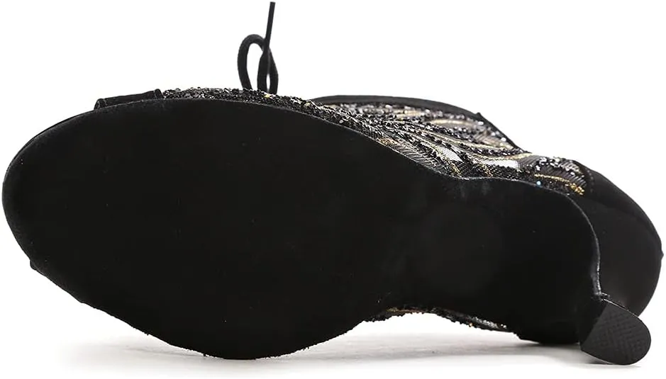 DKZSYIM Women Rhinestone Ballroom Dance Shoes Latin Salsa Perfermence Practice Dancing Shoes,Model YCL434