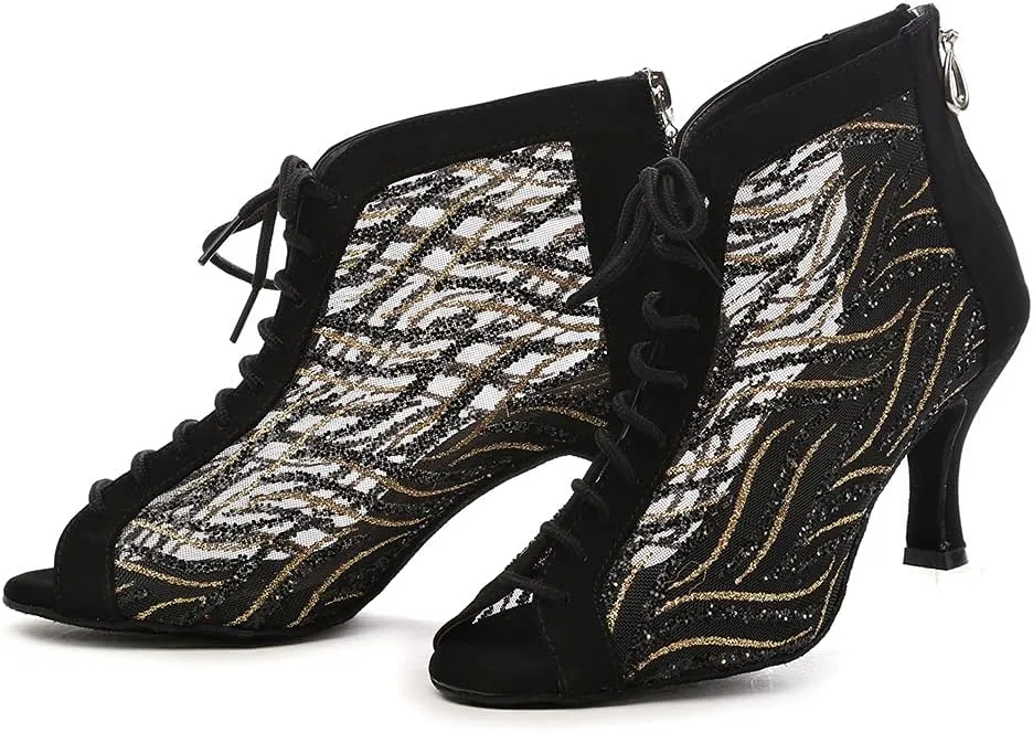 DKZSYIM Women Rhinestone Ballroom Dance Shoes Latin Salsa Perfermence Practice Dancing Shoes,Model YCL434
