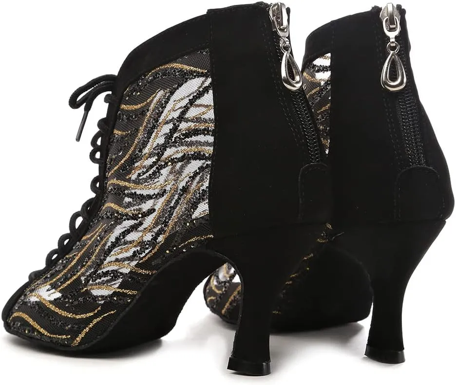 DKZSYIM Women Rhinestone Ballroom Dance Shoes Latin Salsa Perfermence Practice Dancing Shoes,Model YCL434