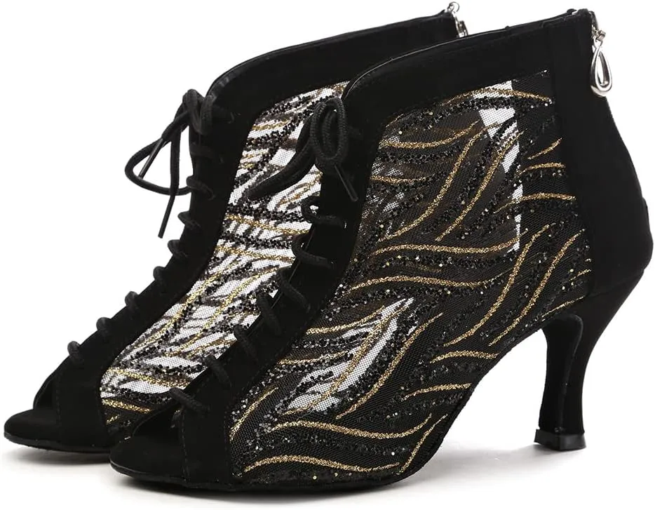 DKZSYIM Women Rhinestone Ballroom Dance Shoes Latin Salsa Perfermence Practice Dancing Shoes,Model YCL434