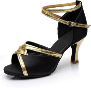 Dress First Dance Shoes Latin Shoes Ballroom Dance Shoes Hollow-Out High Heel Sandals Cross Strap Satin Indoor Dancing Shoes with Buckle, 2.76"