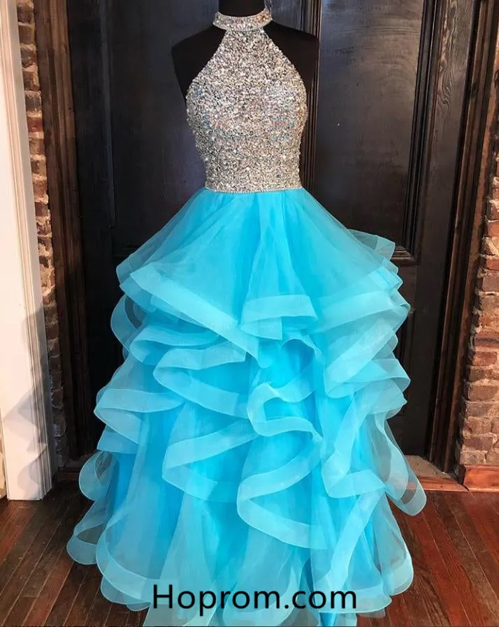 Elegant Beaded Top Halter Prom Dresses Layers Skirt Evening Dresses