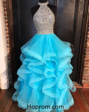 Elegant Beaded Top Halter Prom Dresses Layers Skirt Evening Dresses