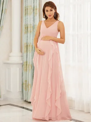 Elegant V Neck Lotus Leaf Maxi Maternity Dress