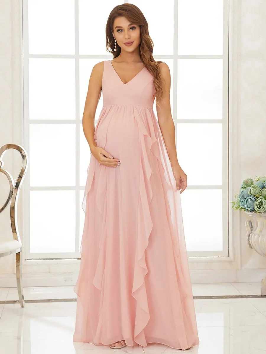 Elegant V Neck Lotus Leaf Maxi Maternity Dress