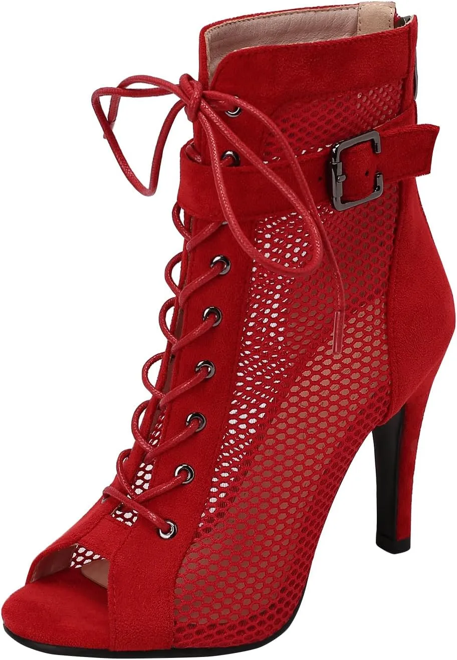FENIKUSU Women's Ballroom Dance Shoes Peep Toe High Heel Summer Sandals Ankle Strap Mesh Boots Model F8