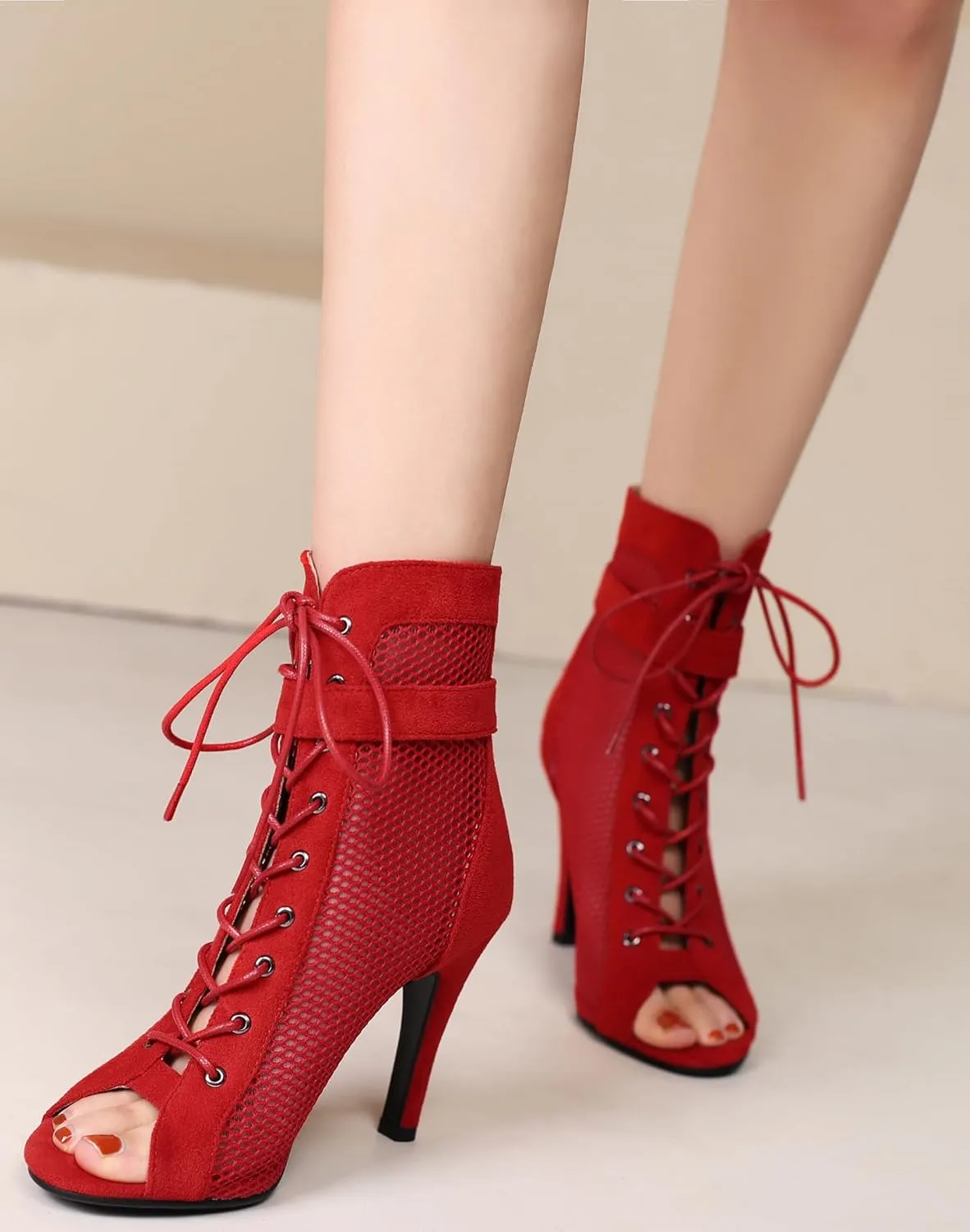 FENIKUSU Women's Ballroom Dance Shoes Peep Toe High Heel Summer Sandals Ankle Strap Mesh Boots Model F8