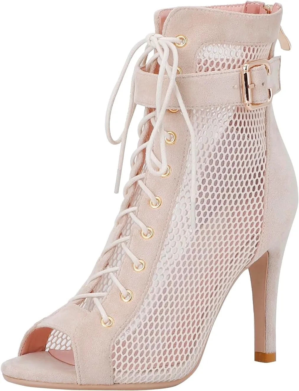 FENIKUSU Women's Ballroom Dance Shoes Peep Toe High Heel Summer Sandals Ankle Strap Mesh Boots Model F8
