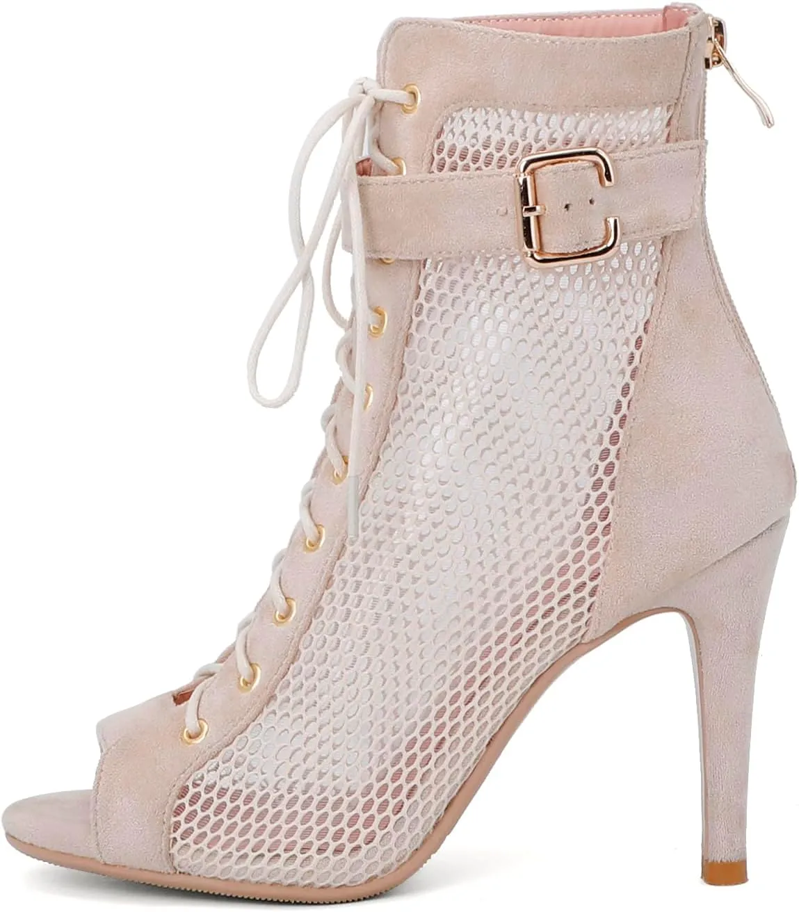 FENIKUSU Women's Ballroom Dance Shoes Peep Toe High Heel Summer Sandals Ankle Strap Mesh Boots Model F8
