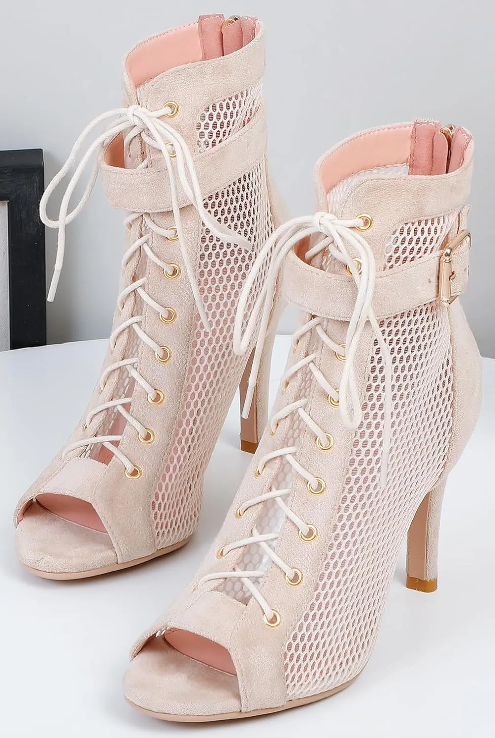 FENIKUSU Women's Ballroom Dance Shoes Peep Toe High Heel Summer Sandals Ankle Strap Mesh Boots Model F8