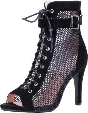 FENIKUSU Women's Ballroom Dance Shoes Peep Toe High Heel Summer Sandals Ankle Strap Mesh Boots Model F8