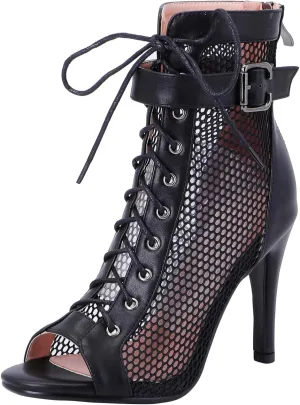 FENIKUSU Women's Ballroom Dance Shoes Peep Toe High Heel Summer Sandals Ankle Strap Mesh Boots Model F8