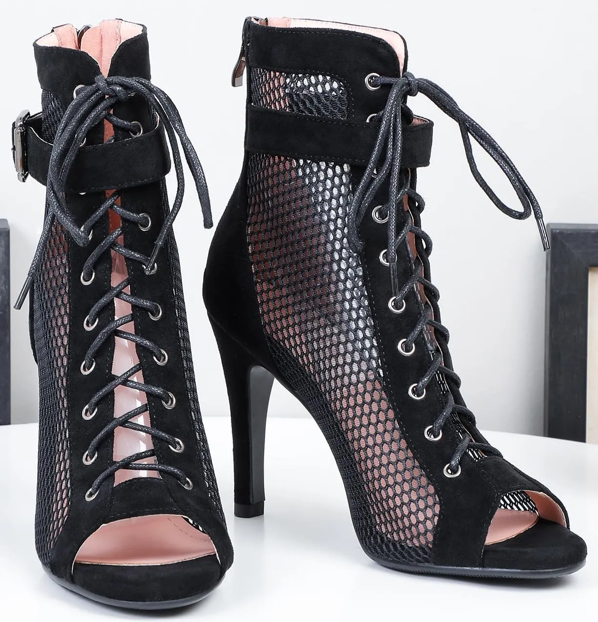 FENIKUSU Women's Ballroom Dance Shoes Peep Toe High Heel Summer Sandals Ankle Strap Mesh Boots Model F8