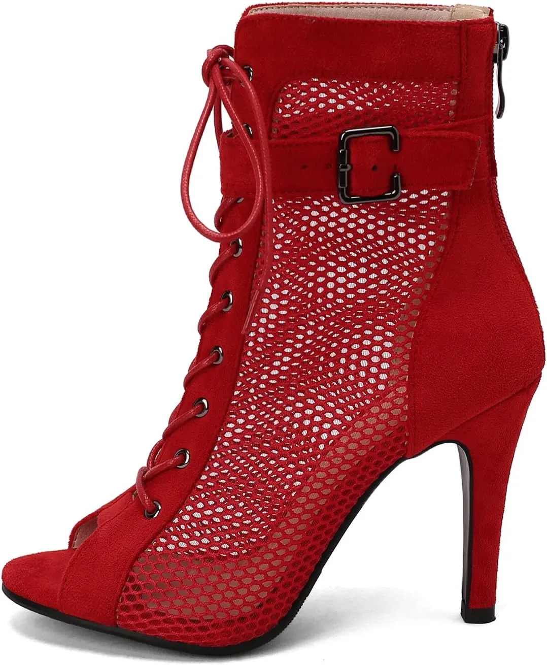 FENIKUSU Women's Ballroom Dance Shoes Peep Toe High Heel Summer Sandals Ankle Strap Mesh Boots Model F8