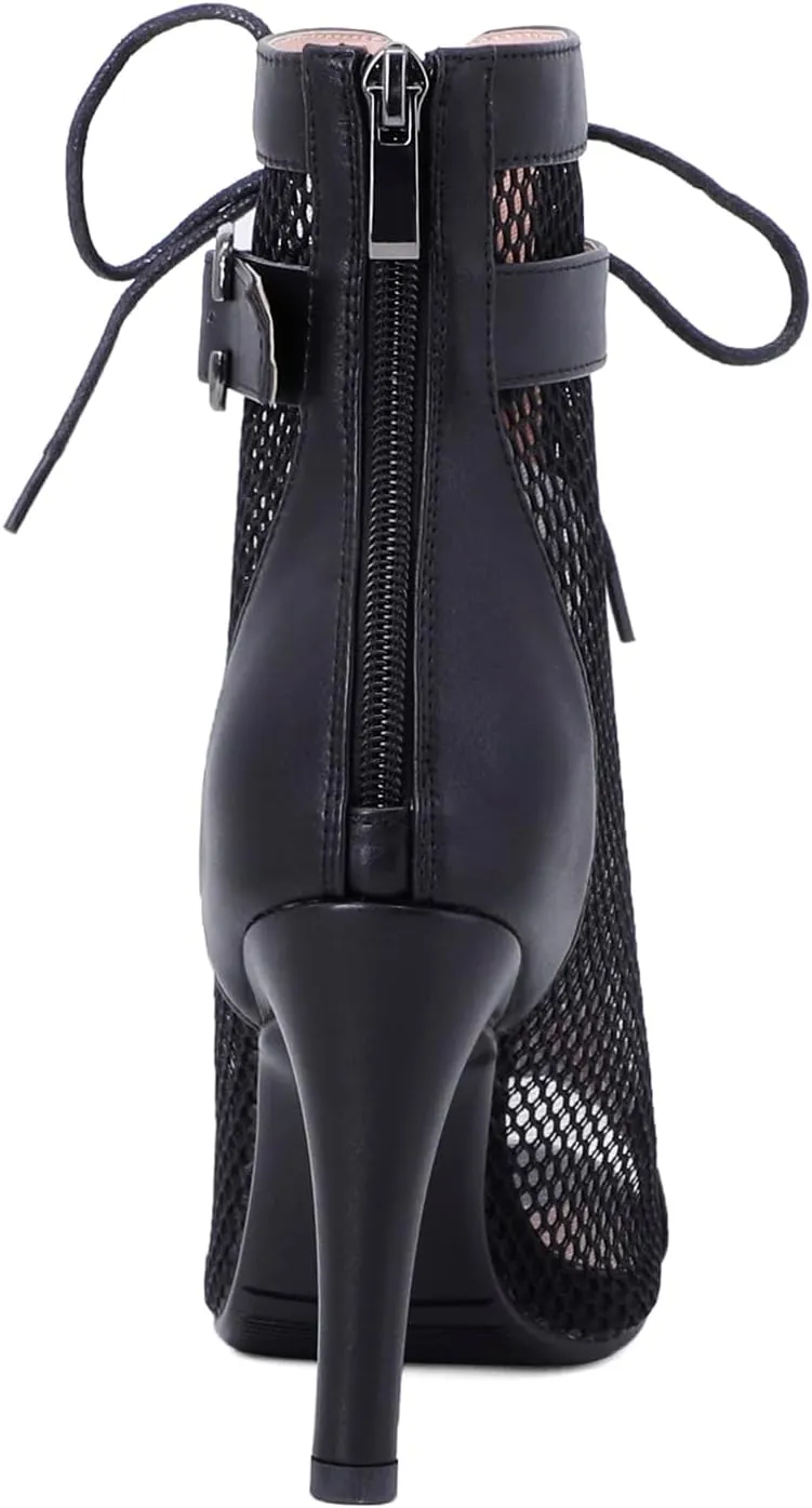 FENIKUSU Women's Ballroom Dance Shoes Peep Toe High Heel Summer Sandals Ankle Strap Mesh Boots Model F8