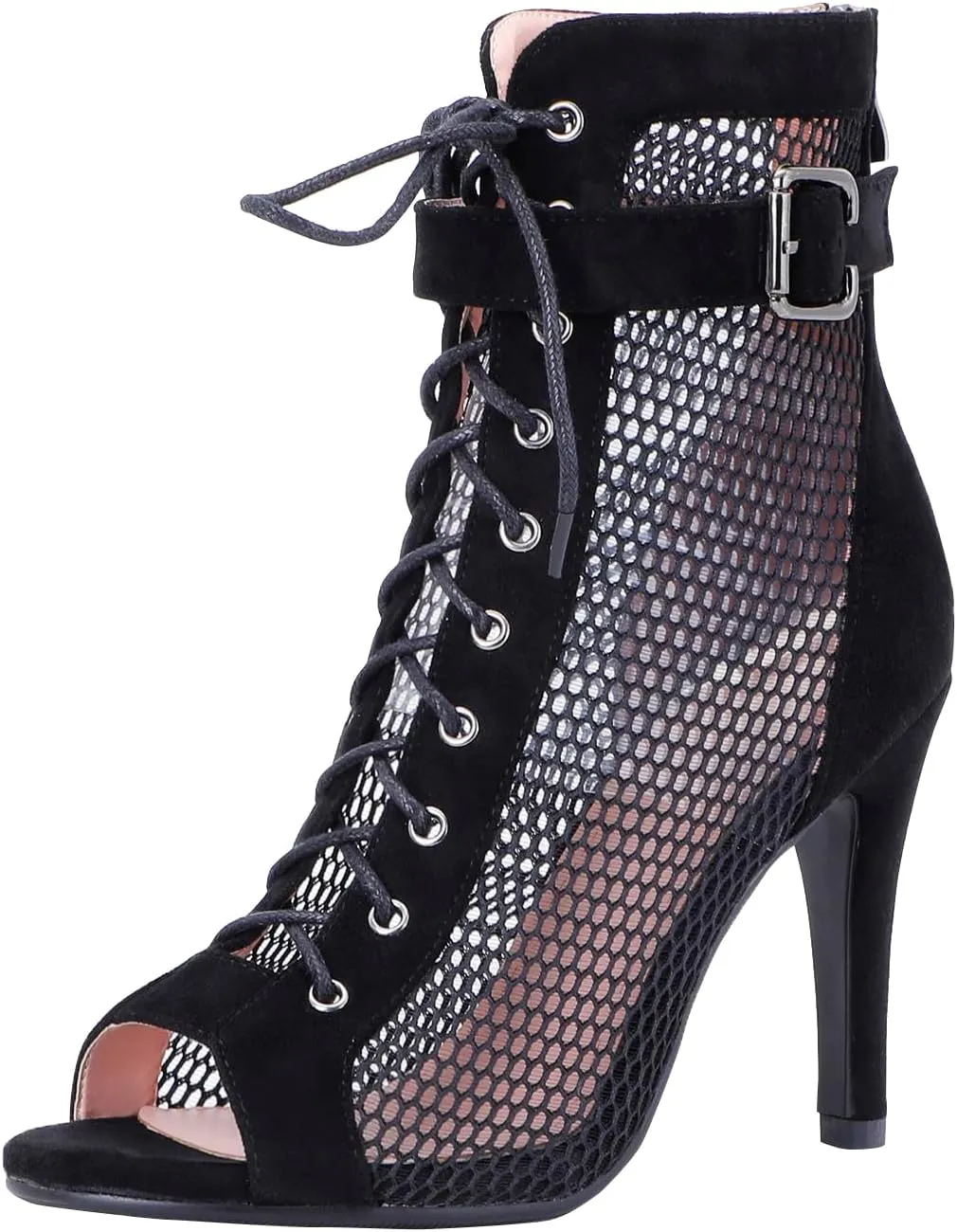 FENIKUSU Women's Ballroom Dance Shoes Peep Toe High Heel Summer Sandals Ankle Strap Mesh Boots Model F8