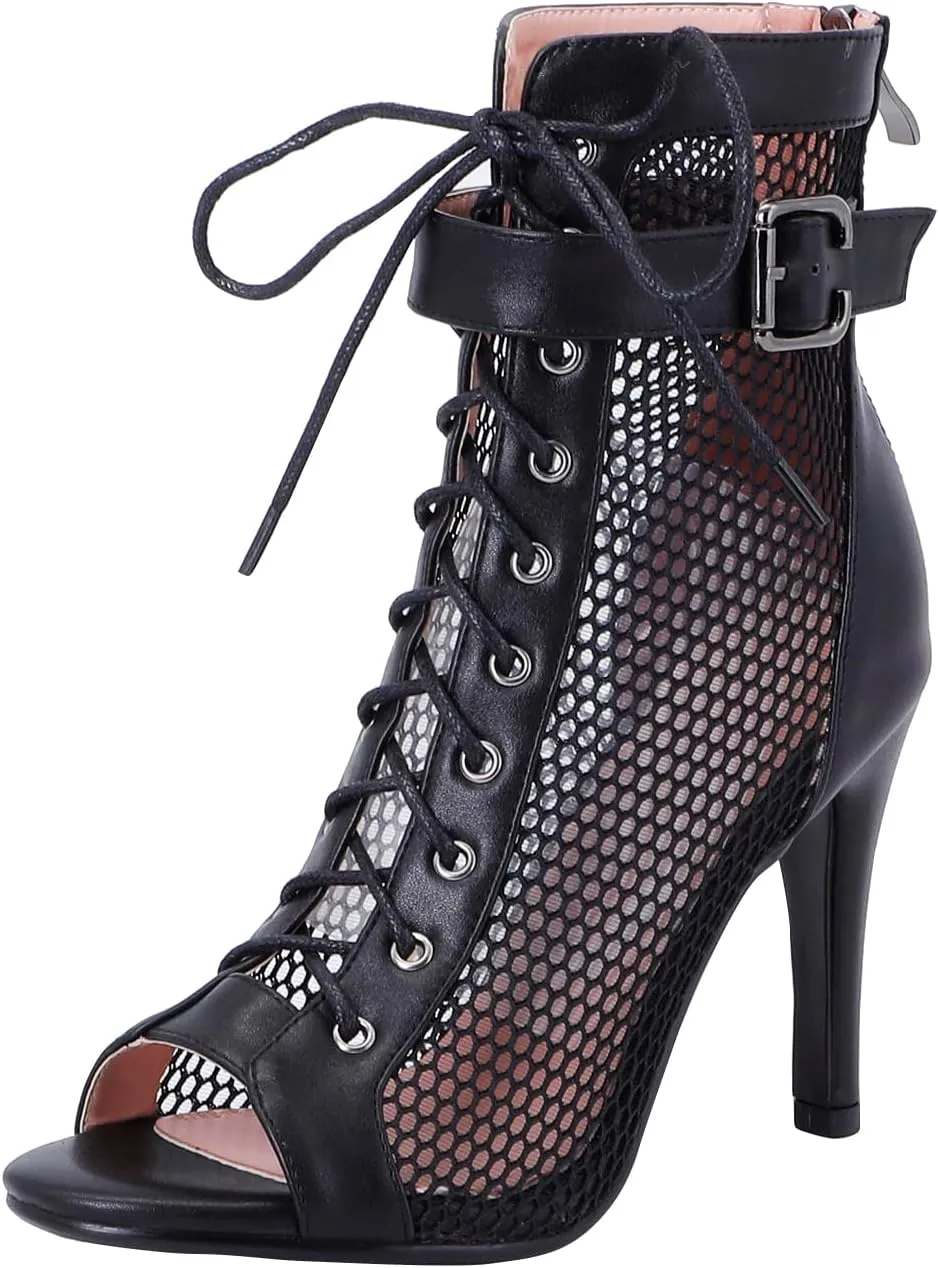 FENIKUSU Women's Ballroom Dance Shoes Peep Toe High Heel Summer Sandals Ankle Strap Mesh Boots Model F8