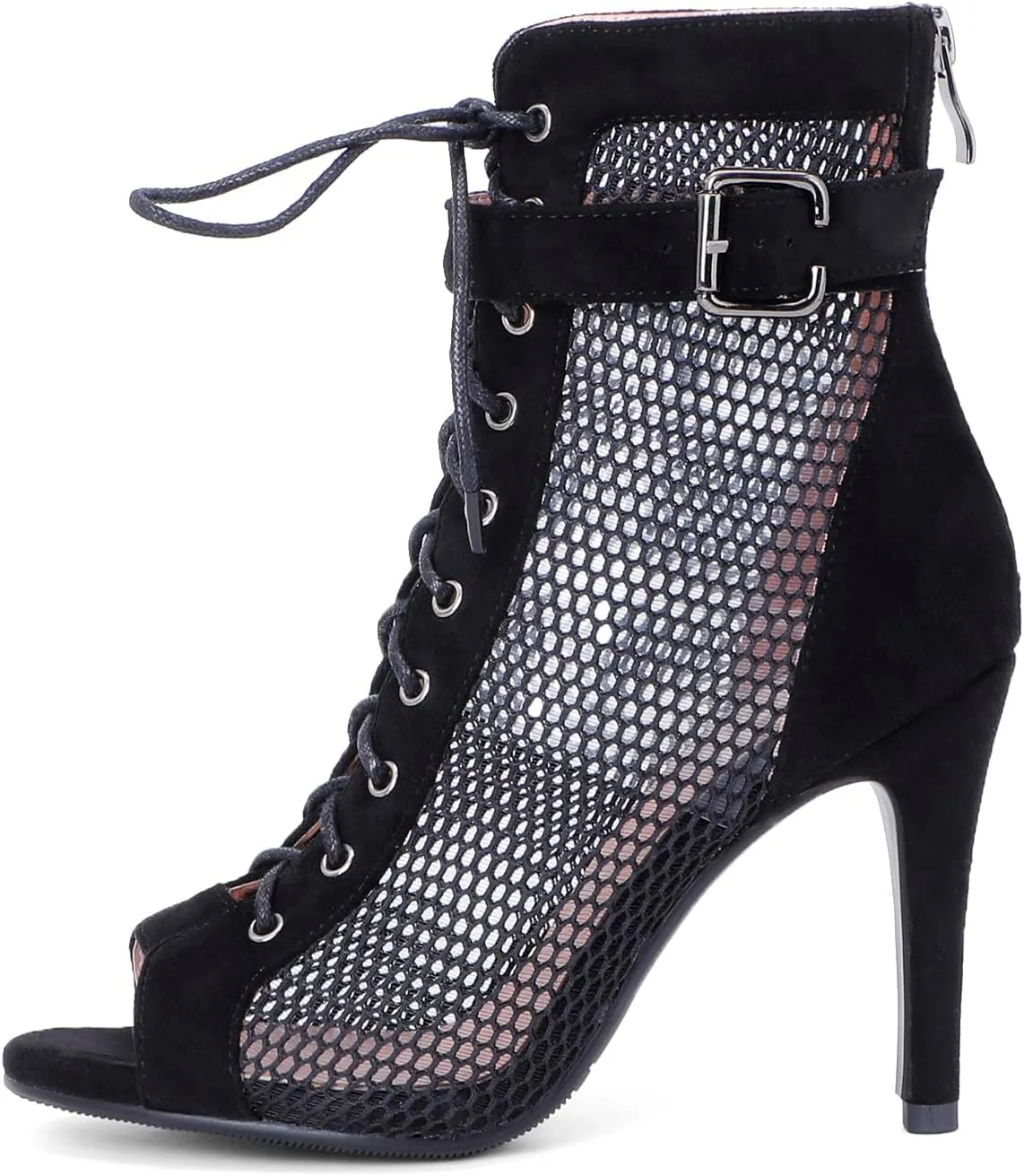 FENIKUSU Women's Ballroom Dance Shoes Peep Toe High Heel Summer Sandals Ankle Strap Mesh Boots Model F8