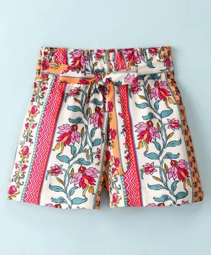 Floral Jacquard Printed Belted Shorts