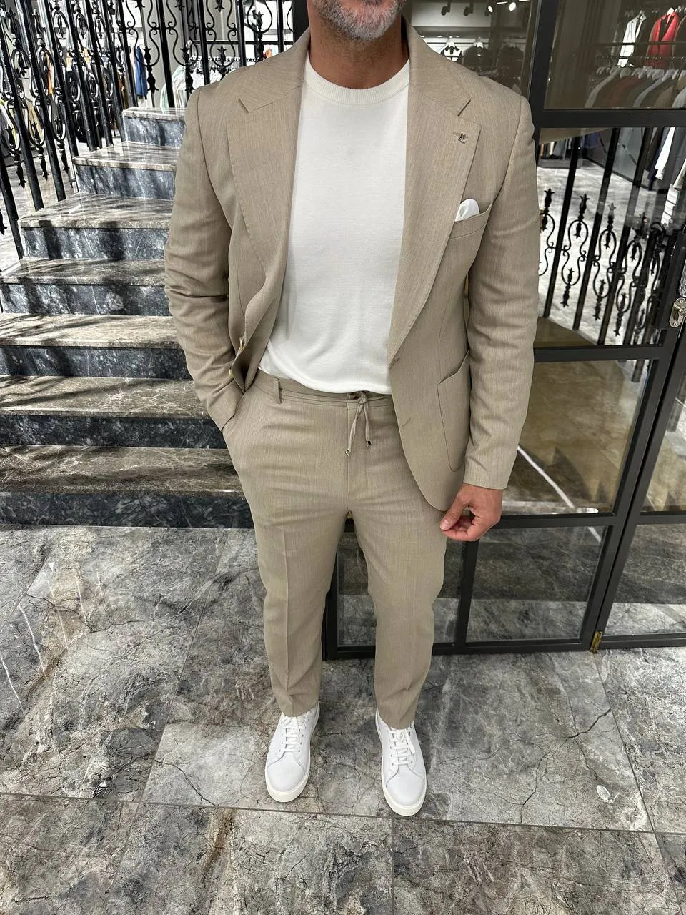 HolloMen Sand Beige Linen Drawstring Suit