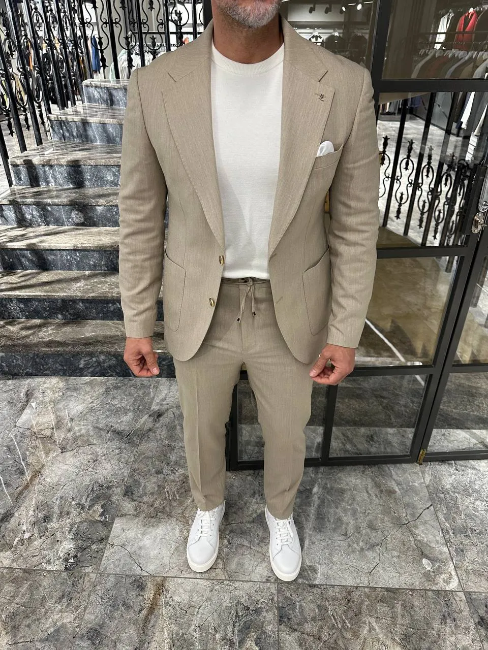 HolloMen Sand Beige Linen Drawstring Suit
