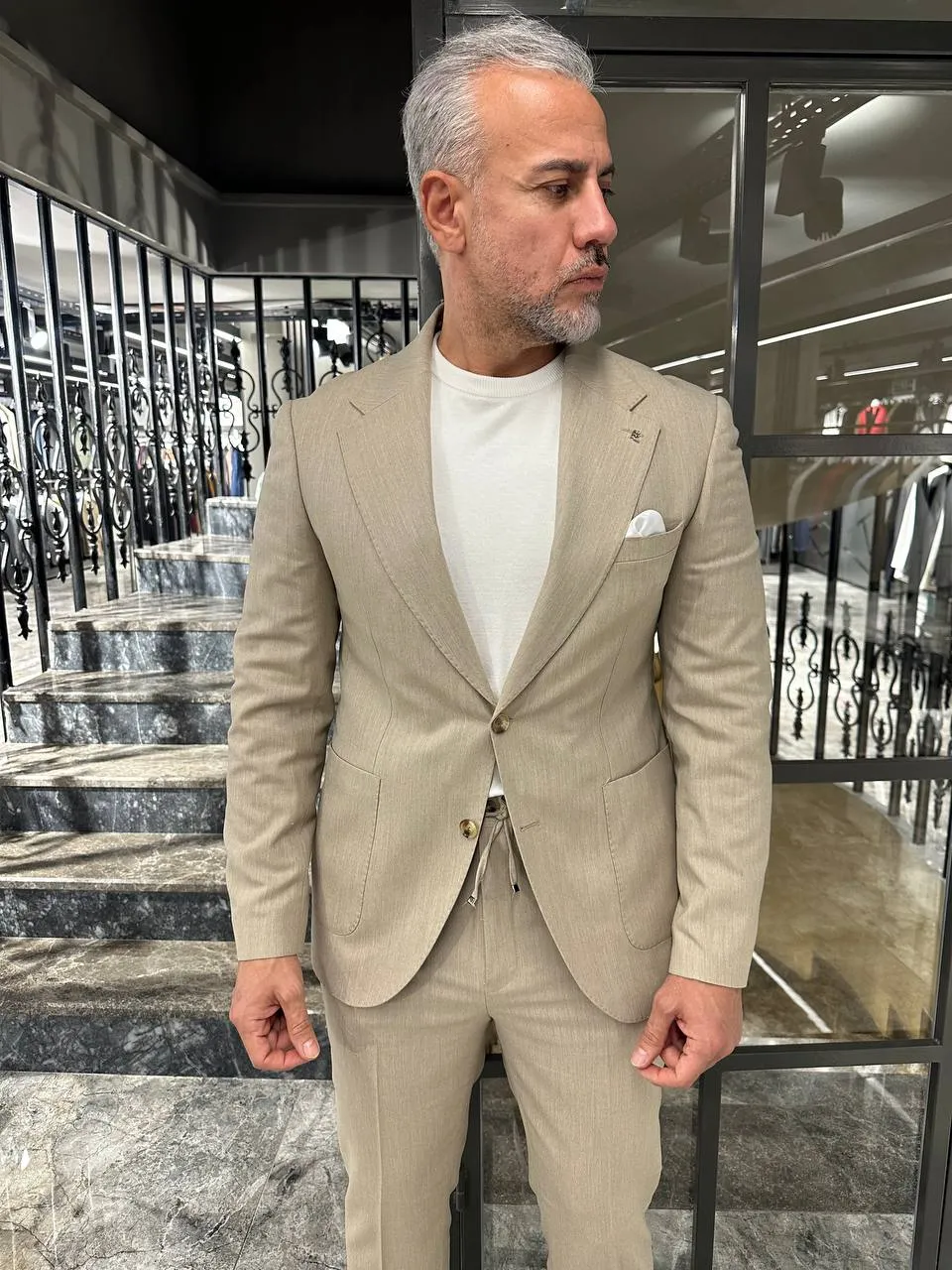 HolloMen Sand Beige Linen Drawstring Suit