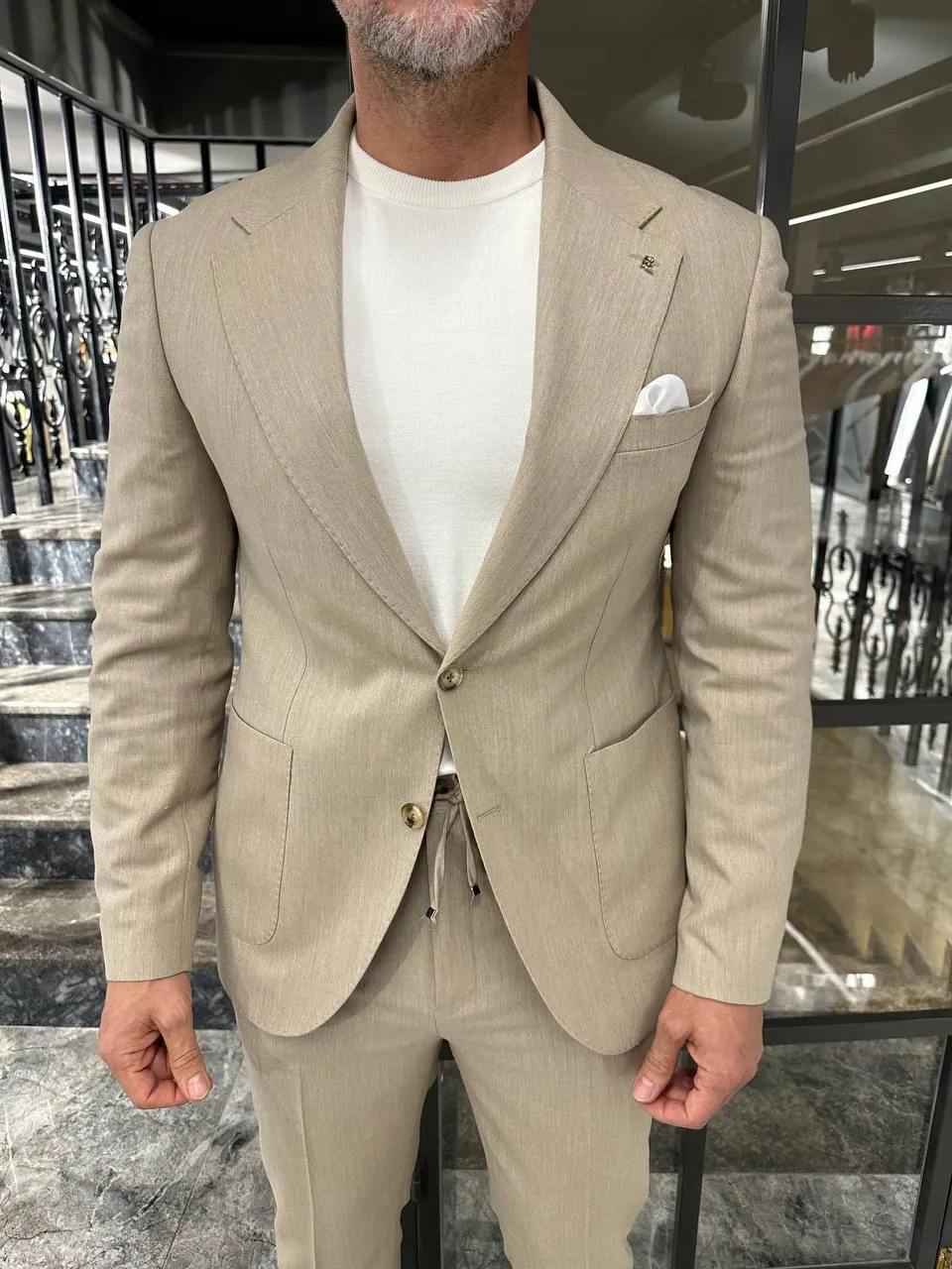 HolloMen Sand Beige Linen Drawstring Suit