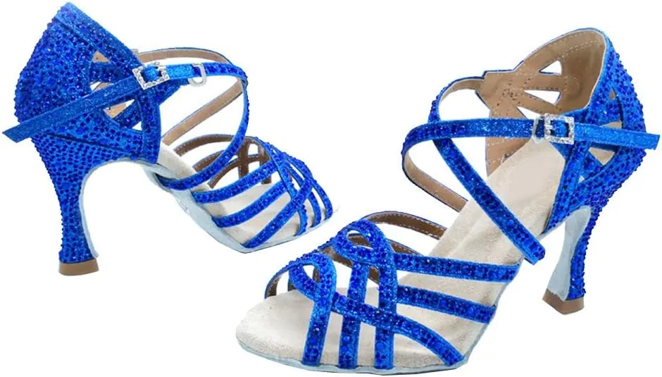 HROYL Women Rhinestone Ballroom Dance Shoes Latin Salsa Practice Performance Dance Shoes YCL357