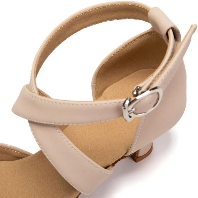 JUODVMP Women's Beige Ballroom Shoes Latin Salsa Tango Dance Shoes Peeptoe Dance Shoes Model FT095