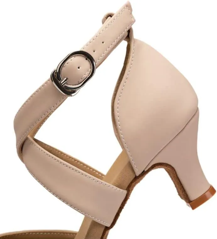 JUODVMP Women's Beige Ballroom Shoes Latin Salsa Tango Dance Shoes Peeptoe Dance Shoes Model FT095