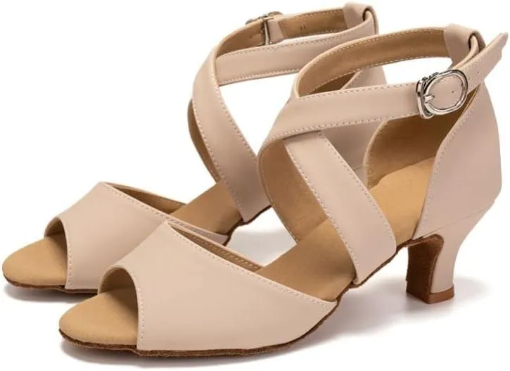 JUODVMP Women's Beige Ballroom Shoes Latin Salsa Tango Dance Shoes Peeptoe Dance Shoes Model FT095
