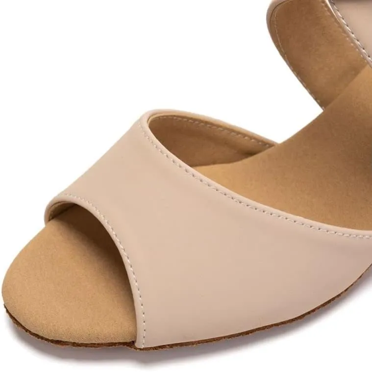 JUODVMP Women's Beige Ballroom Shoes Latin Salsa Tango Dance Shoes Peeptoe Dance Shoes Model FT095
