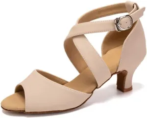 JUODVMP Women's Beige Ballroom Shoes Latin Salsa Tango Dance Shoes Peeptoe Dance Shoes Model FT095