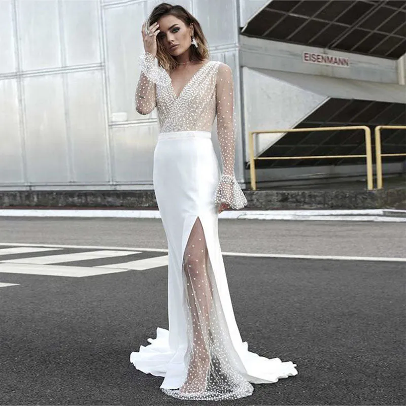 Lace V Neck See Though Mermaid Dress
