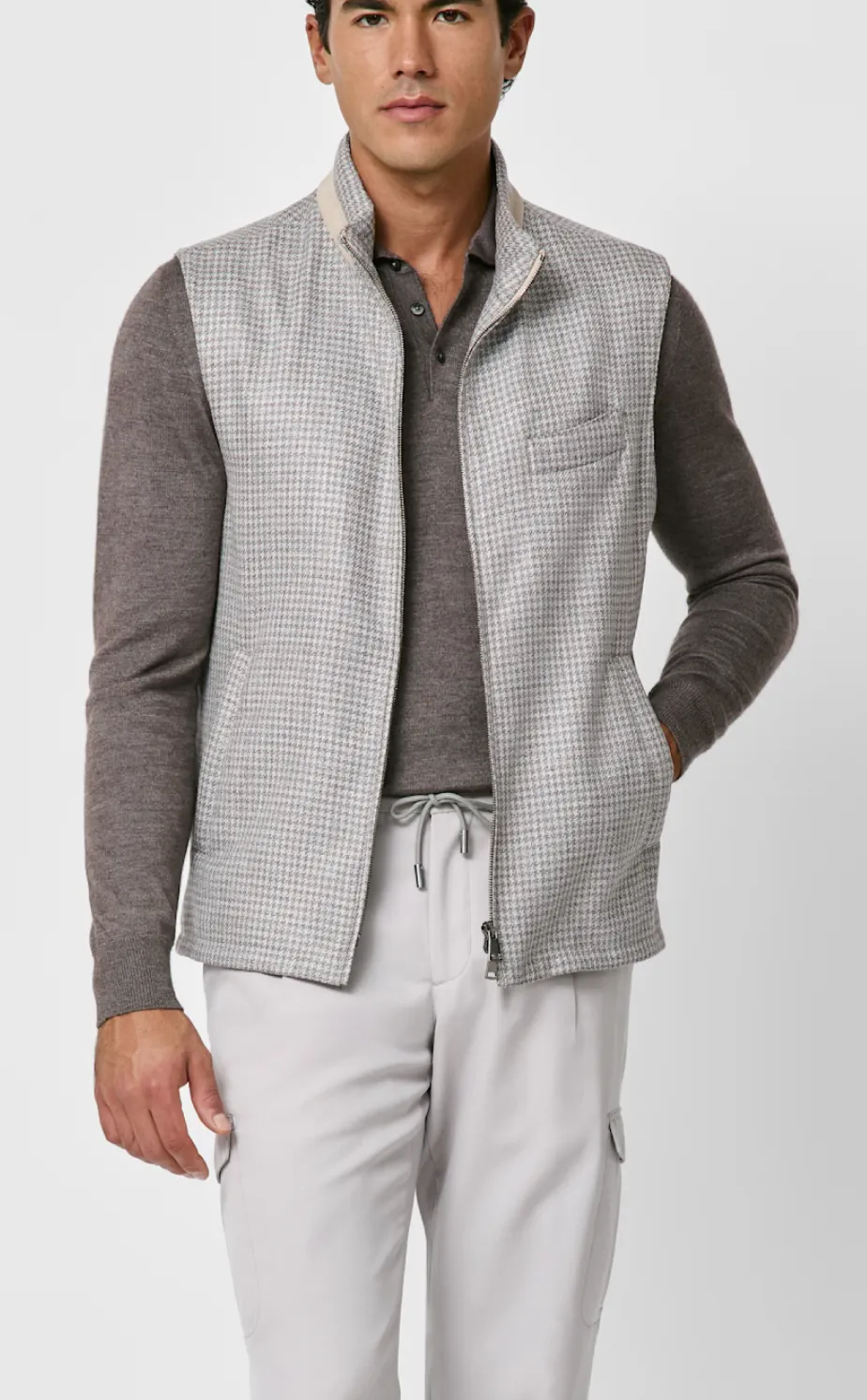 Loro Piana SUMMERTIME Light Grey & Taupe Wool, Silk & Linen Houndstooth Vest / Bodywarmer