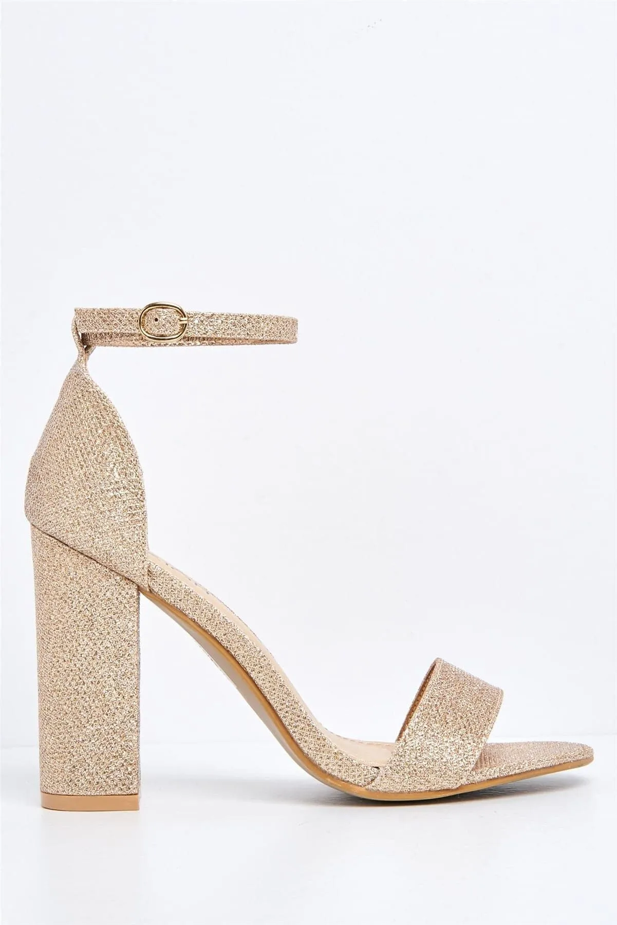May Barely There Block Heel Ankle Strap Sandal in Rose Gold Mesh