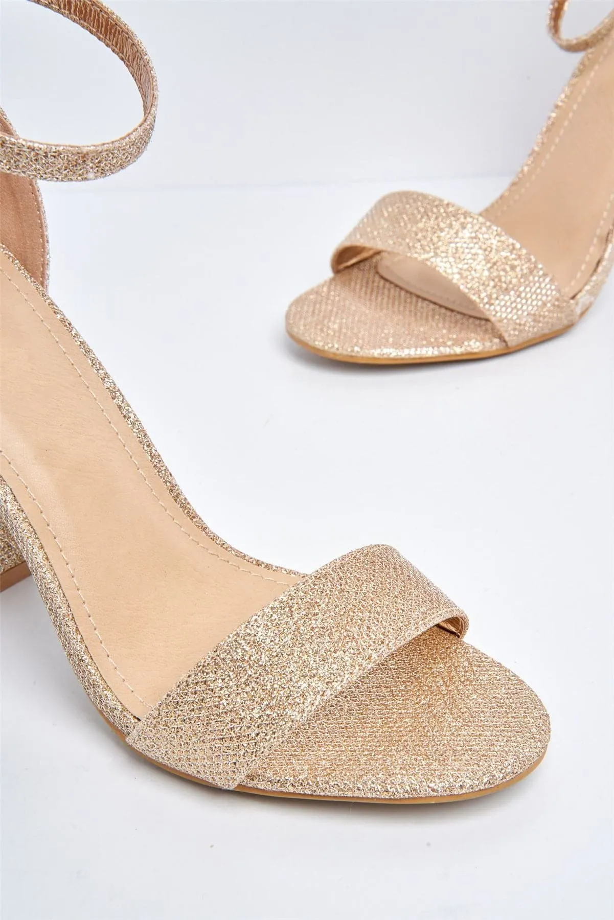 May Barely There Block Heel Ankle Strap Sandal in Rose Gold Mesh