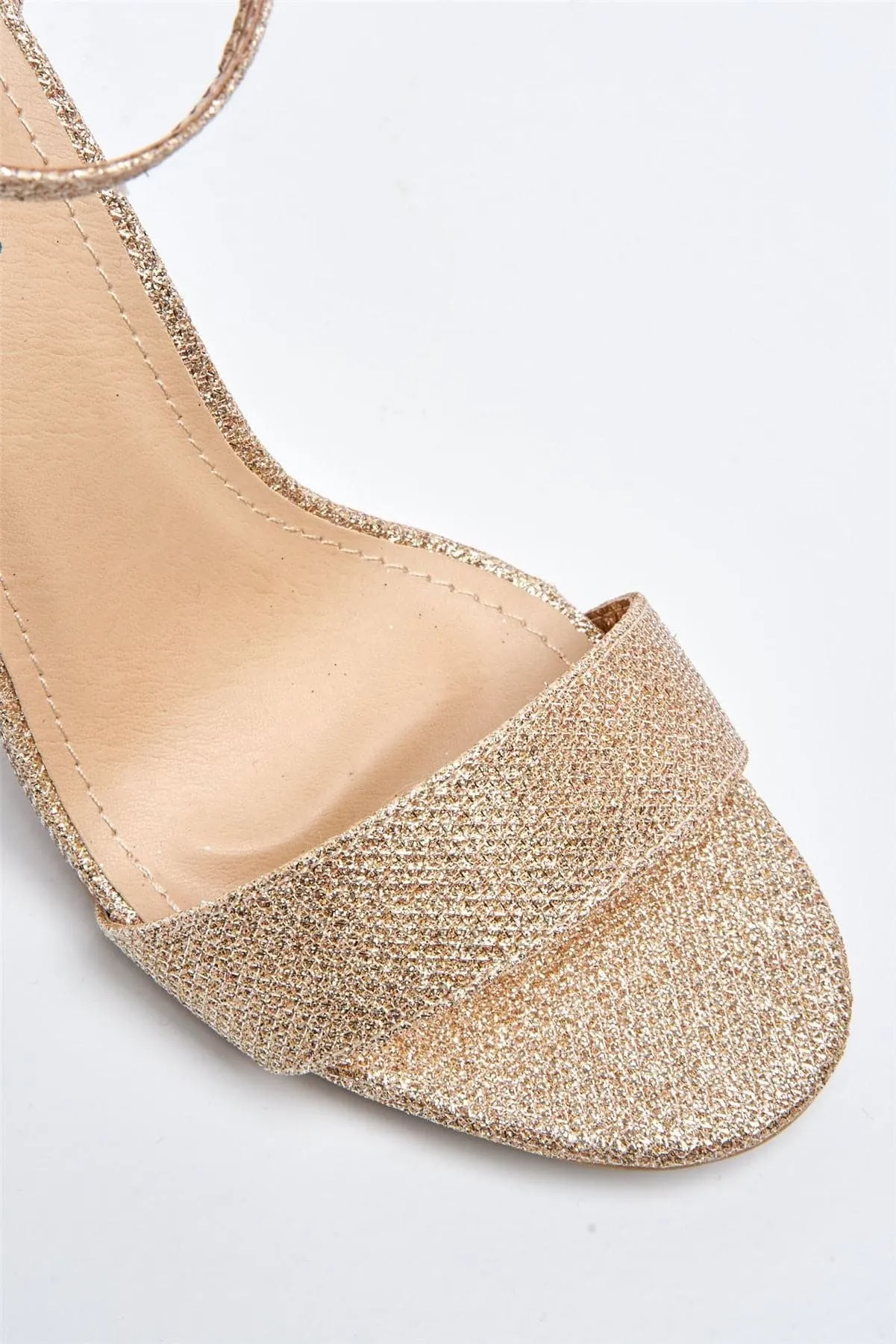 May Barely There Block Heel Ankle Strap Sandal in Rose Gold Mesh