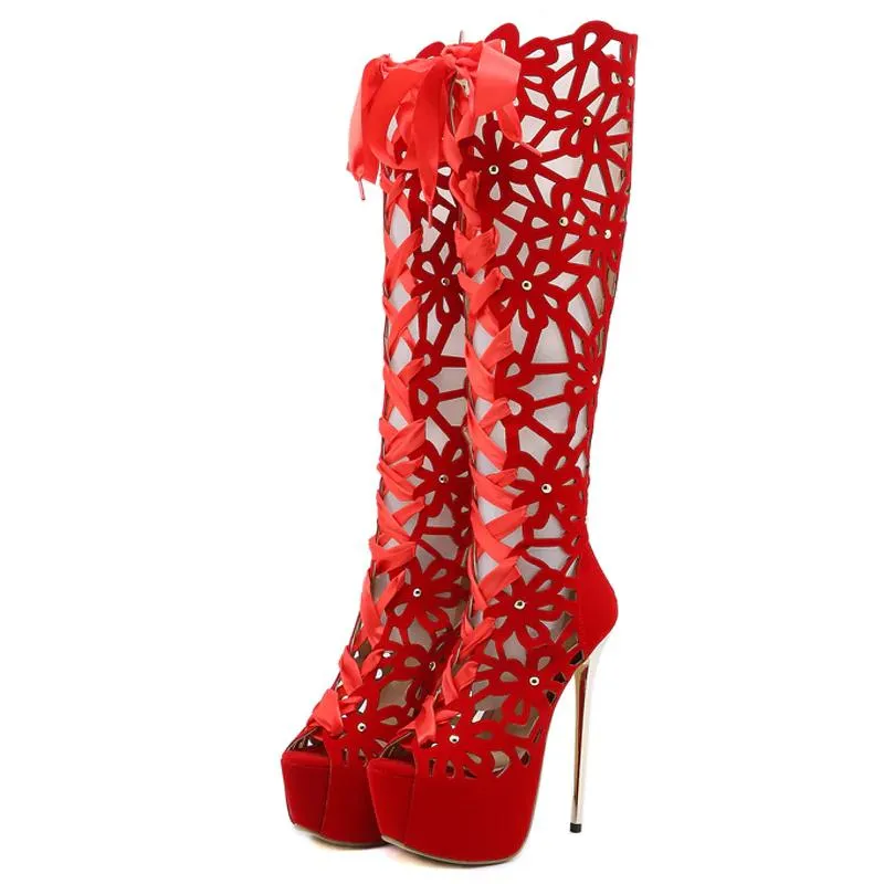 Metal Heels Hollow Out Lace Up Boots Sandals