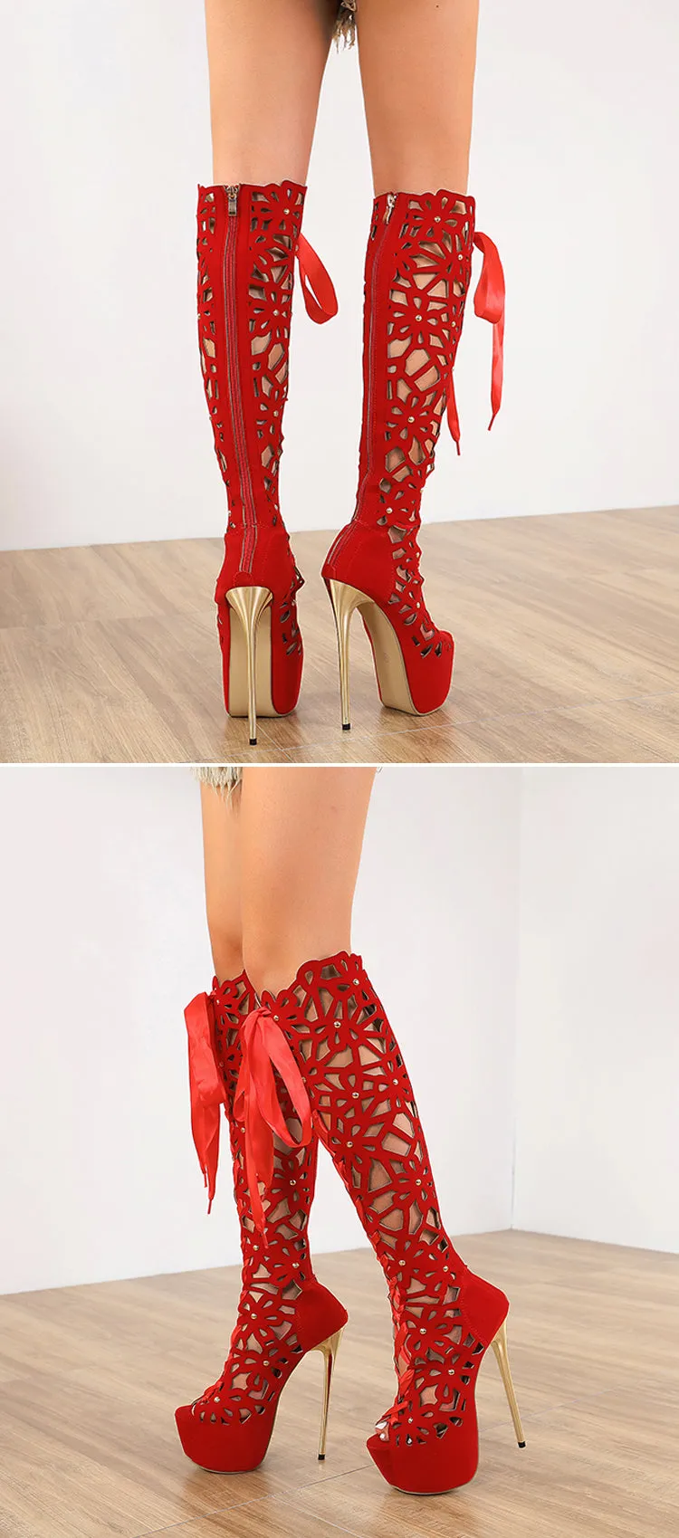 Metal Heels Hollow Out Lace Up Boots Sandals
